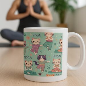 Cute Cat Yoga Pattern Ceramic Coffee Mug, Green and Pink Design