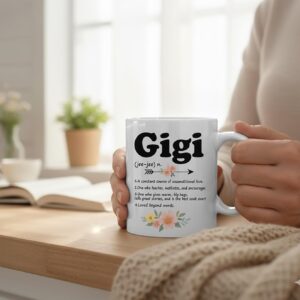 Gigi Definition Mug, 11 oz Ceramic Coffee Cup, White Floral Design with Flowchart, Grandmother Gift